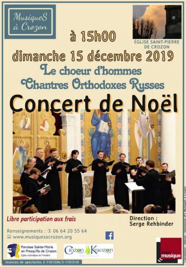 Affiche. Eglise Saint-Pierre de Crozon. Le chœur d|hommes Chantres Orthodoxes Russes. Concert de Noël. 2019-12-15